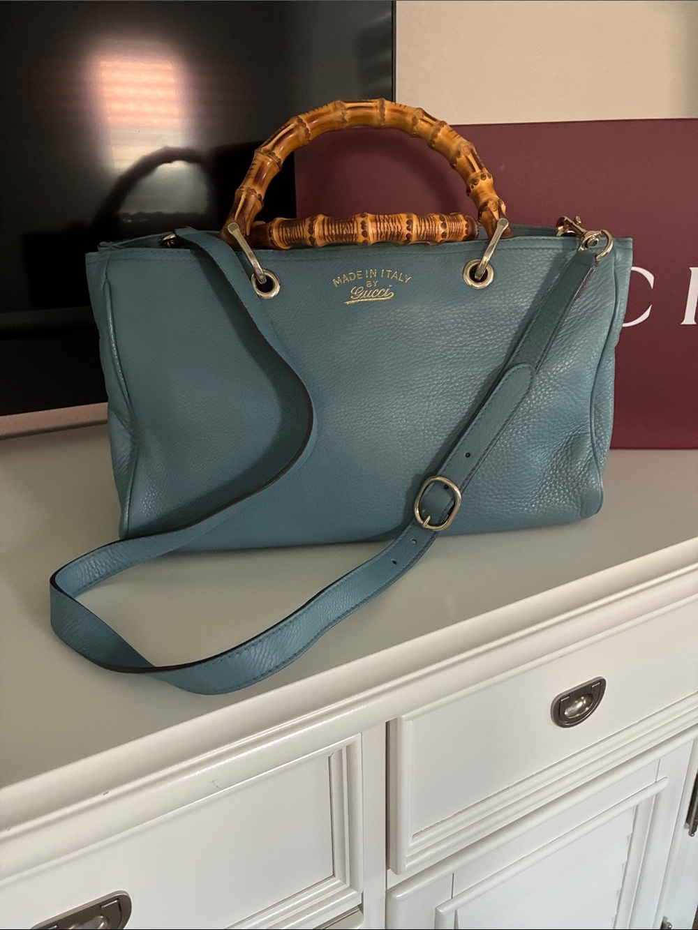 Gucci Light Blue Pebbled Leather Satchel with Bamboo Handles - Picture 8 of 16